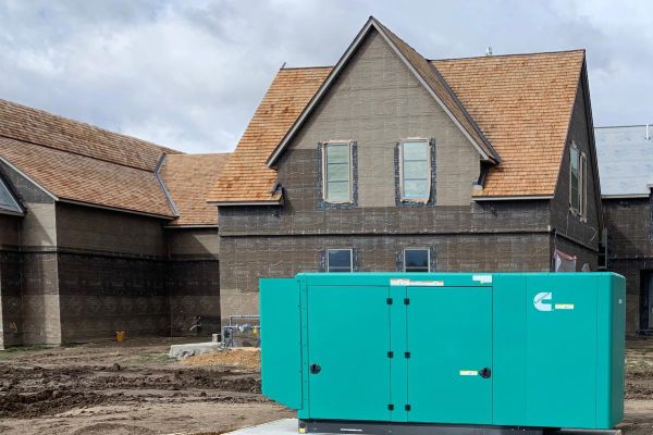 Large industrial generator installed outside a residential building under construction.