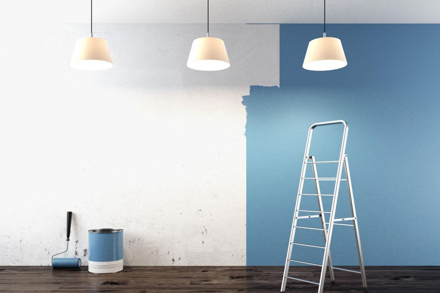 A room being renovated with one wall partially painted blue, a paint roller and can on the floor, and a step ladder.