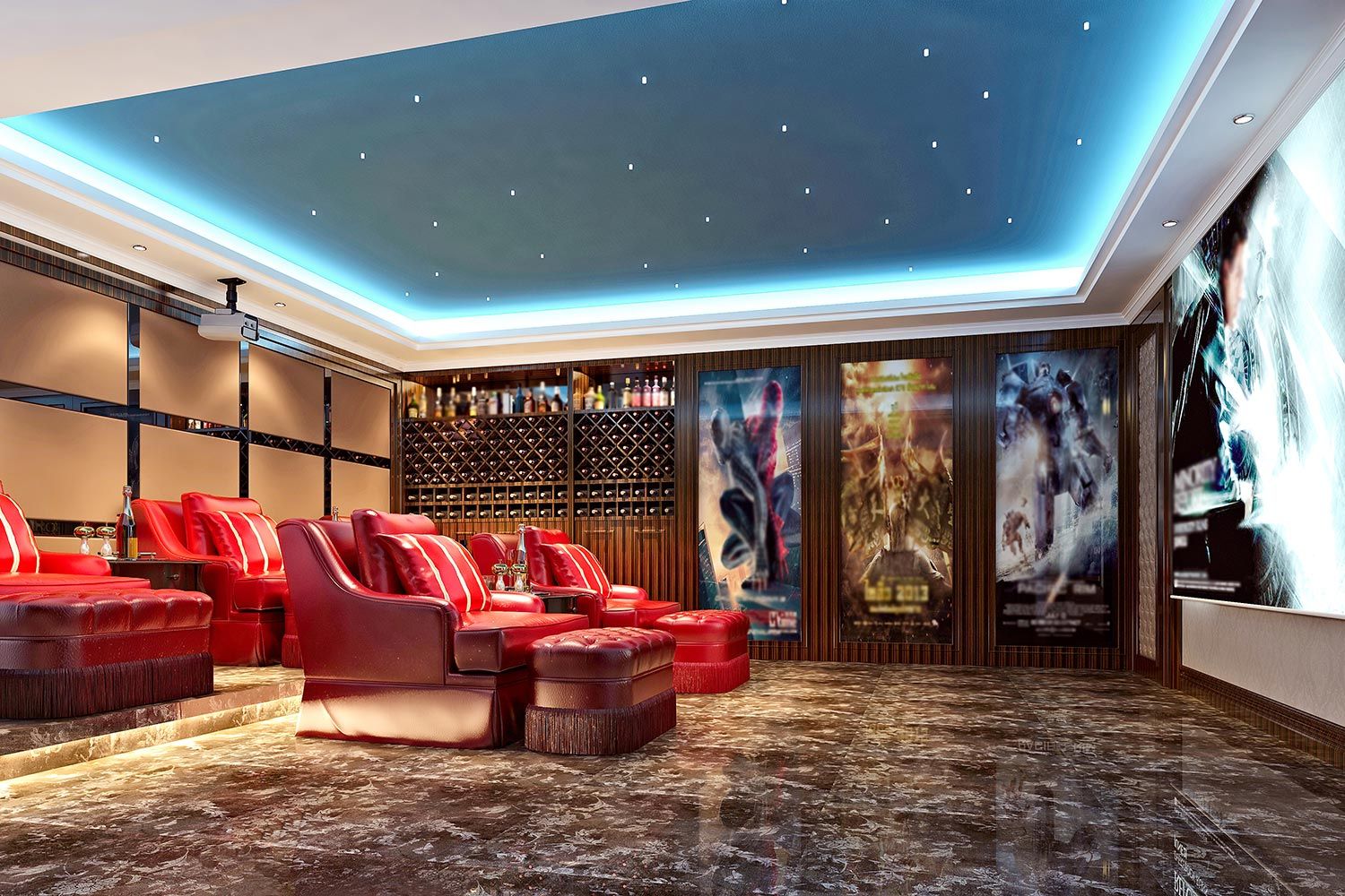 Luxurious home theater with red leather seating, illuminated ceiling, and large movie posters on the walls.